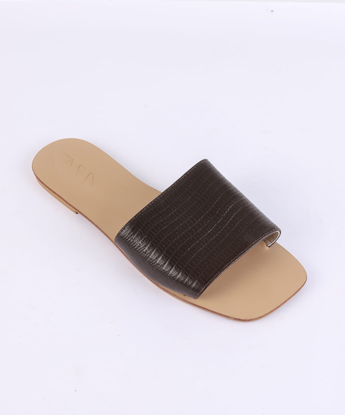 Faux Leather Single Strap Flat Slippers - Brown