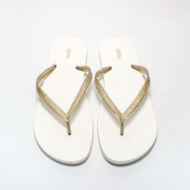 Glittered Strap Flip Flops – White & Gold