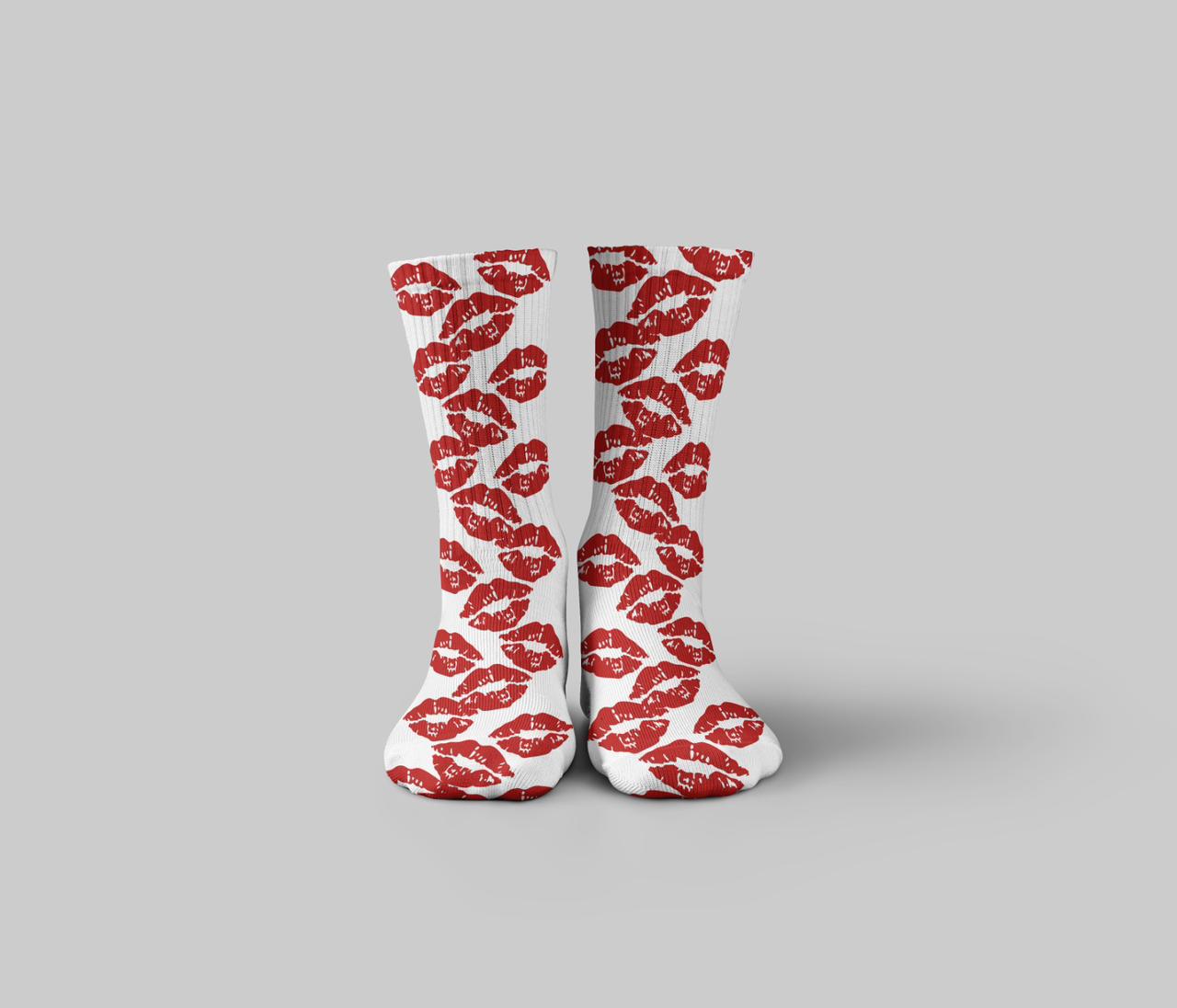 Cotton Lip-Print Crew Socks – White