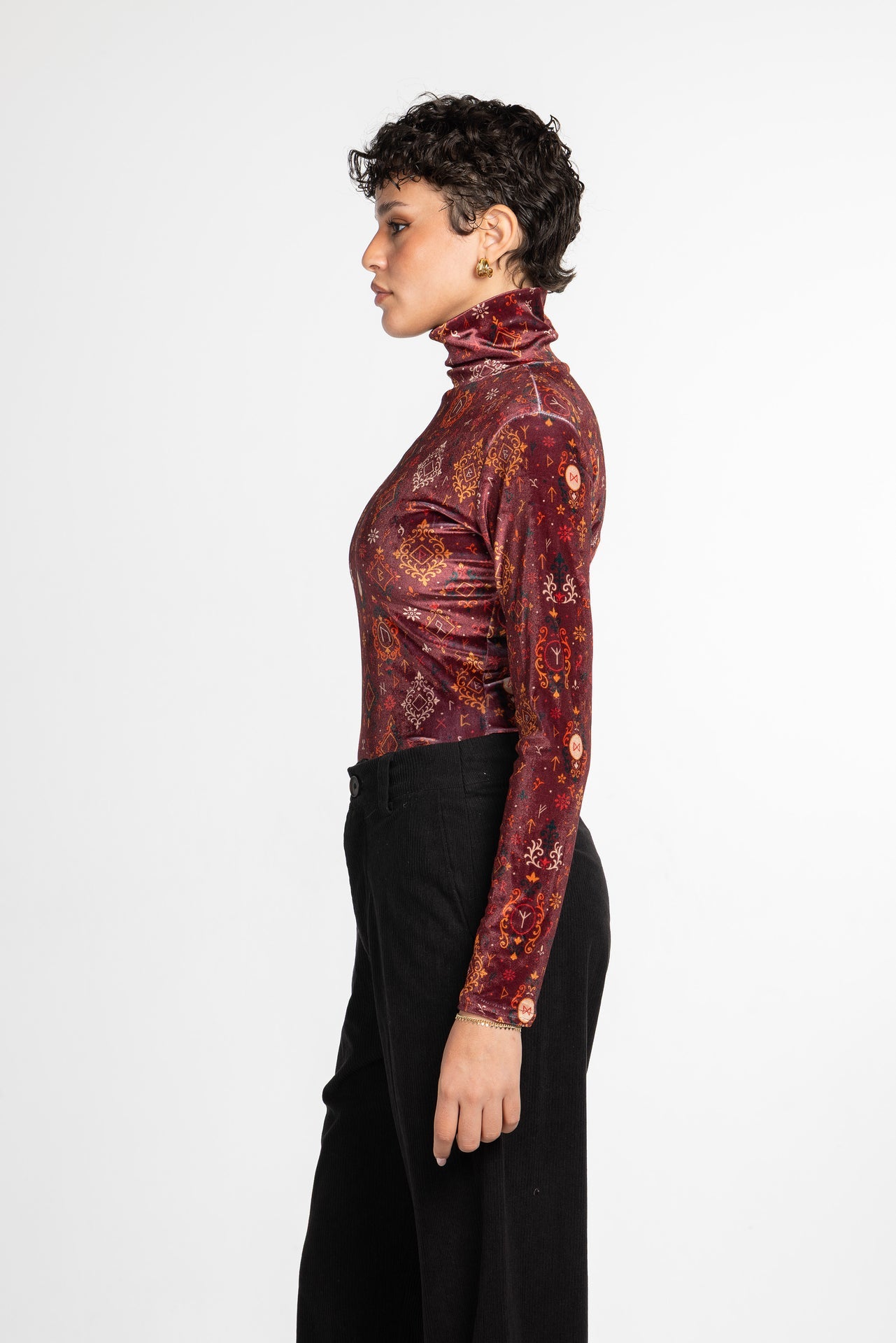 Velvet Printed Turtleneck Top – Burgundy