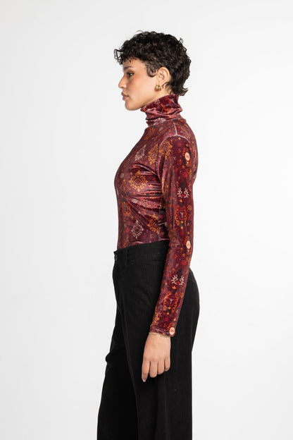 Velvet Printed Turtleneck Top – Burgundy