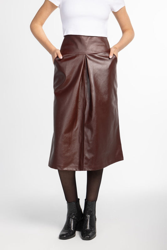 Leather Solid Midi Skirt – Brown
