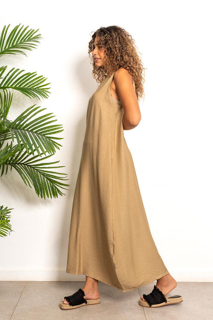 Cotton Lycra Long Linen Dress – Beige