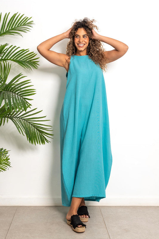 Cotton Lycra Long Linen Dress – Turquoise