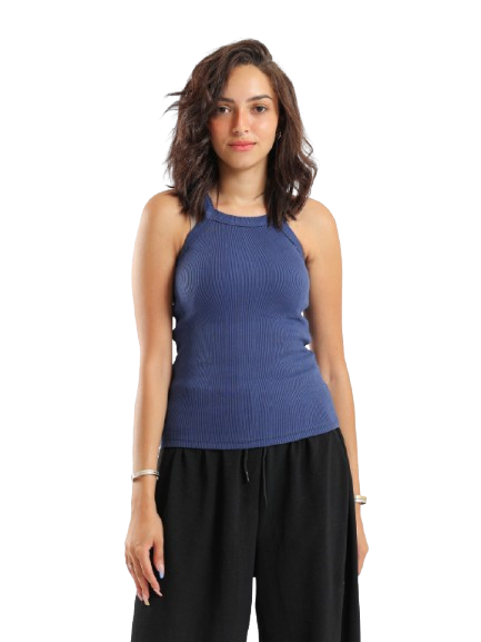 Cotton-Lycra Ribbed Spaghetti Top - Navy