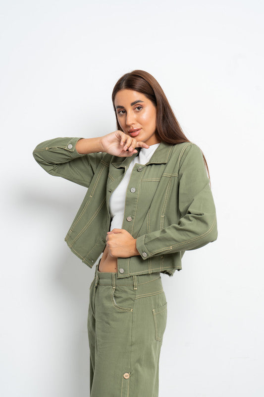 Cropped Gabardine Jacket - Olive