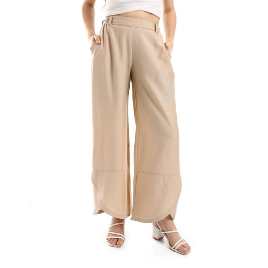 Cotton-Lycra Wide-Leg Classic Pants - Beige
