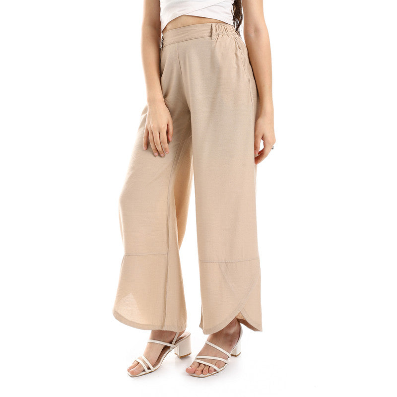 Cotton-Lycra Wide-Leg Classic Pants - Beige
