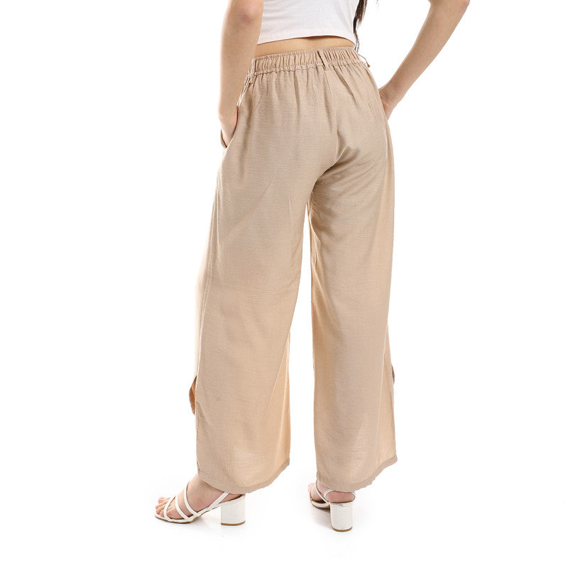 Cotton-Lycra Wide-Leg Classic Pants - Beige