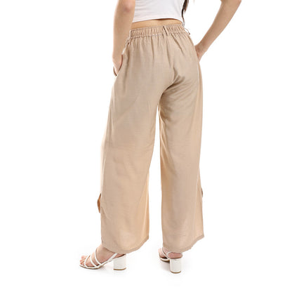 Cotton-Lycra Wide-Leg Classic Pants - Beige