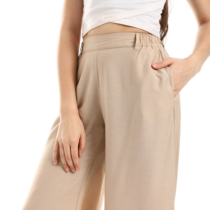 Cotton-Lycra Wide-Leg Classic Pants - Beige