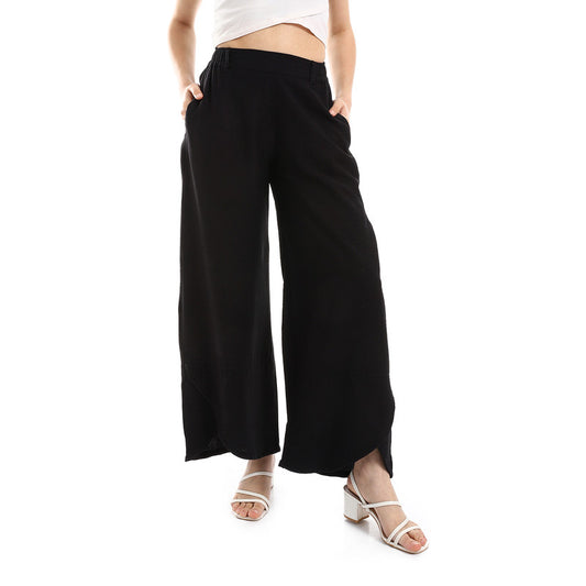 Cotton-Lycra Wide-Leg Classic Pants - Black