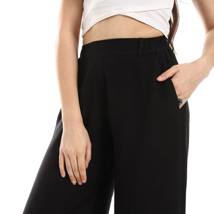 Cotton-Lycra Wide-Leg Classic Pants - Black