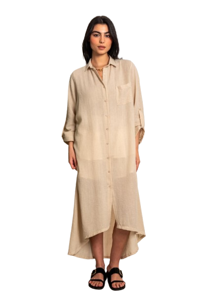Wide Linen Shirt Dress - Beige