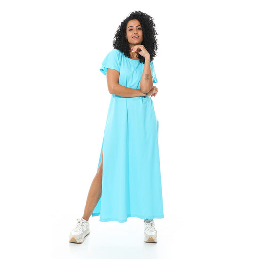 Cotton Long Sleeve Maxi Dress - Light Blue