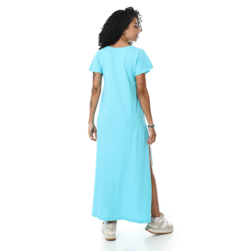 Cotton Long Sleeve Maxi Dress - Light Blue