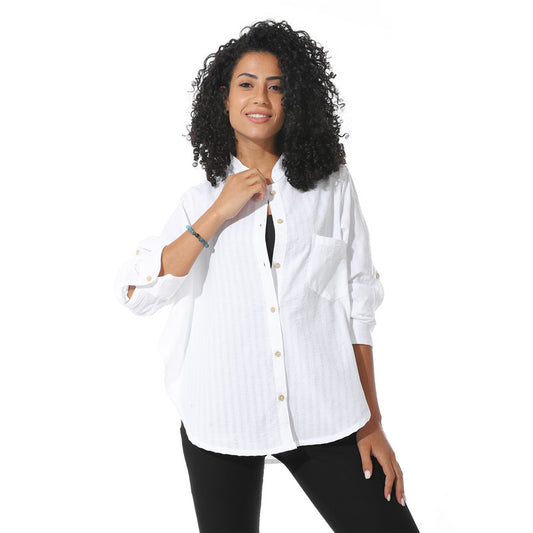 Cotton-Lycra Textured Wide Linen Shirt - White