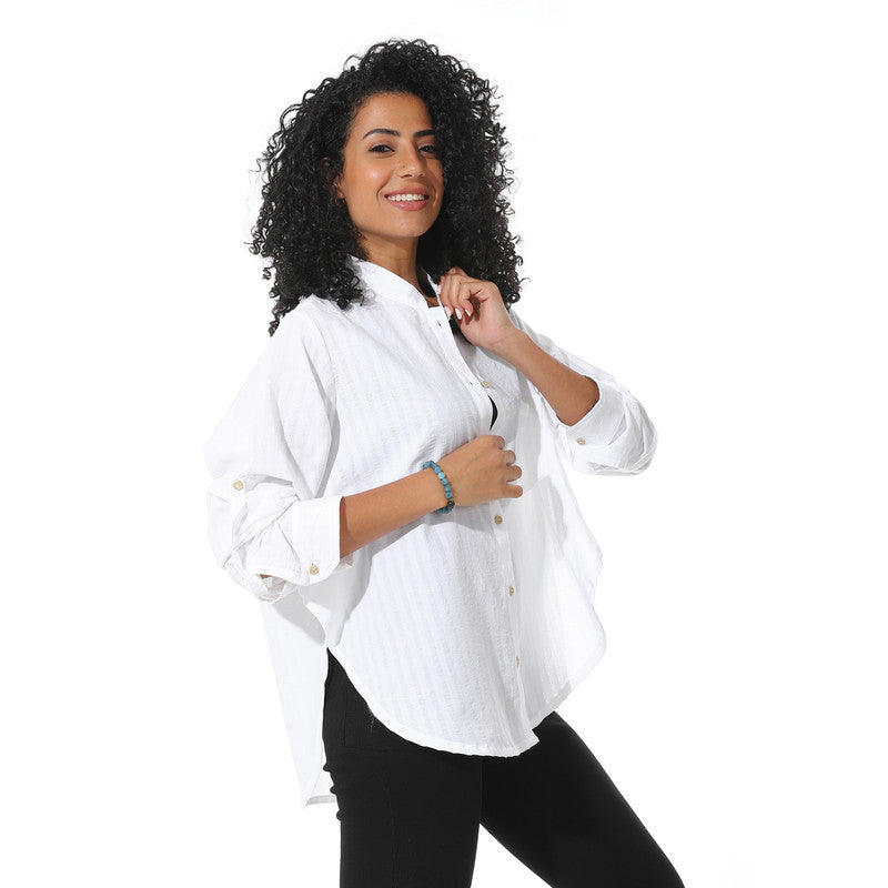 Cotton-Lycra Textured Wide Linen Shirt - White