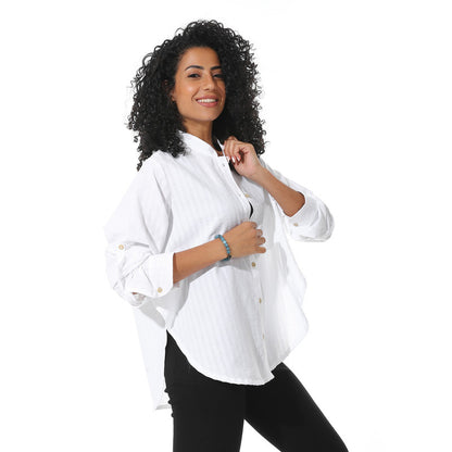 Cotton-Lycra Textured Wide Linen Shirt - White