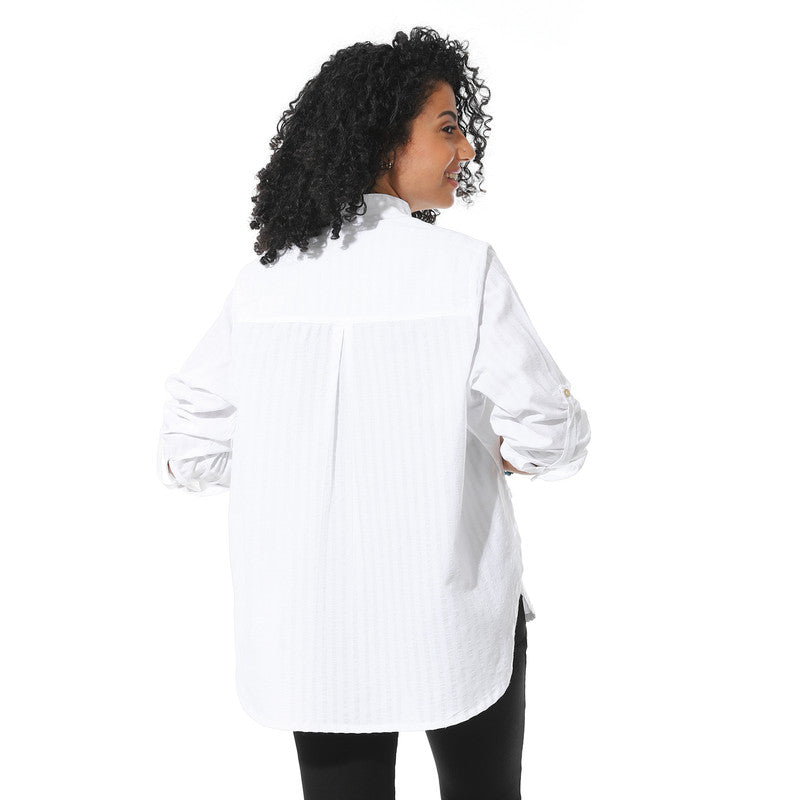 Cotton-Lycra Textured Wide Linen Shirt - White