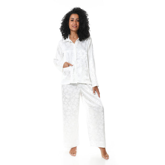 Long Sleeve Satin Pajama - White