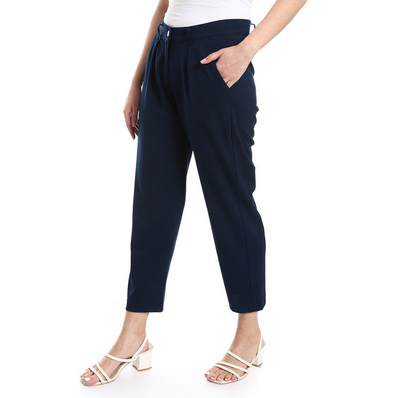 Cotton-Lycra Classic Fit Pants - Navy