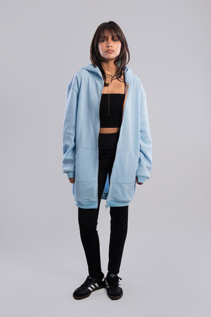 Longline Zip-Up Hoodie - Baby Blue