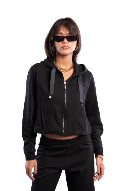 Cropped Zip-Up Hoodie - Black
