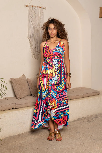 Synthetic Cross Strap Printed Beach Dress - Multicolor