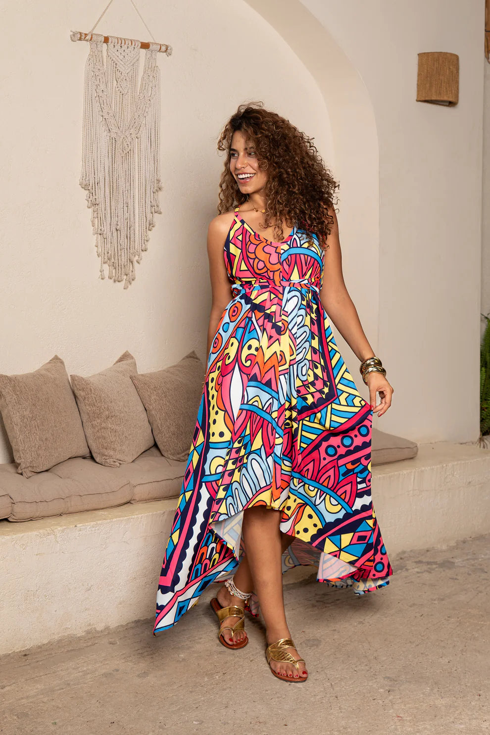Synthetic Cross Strap Printed Beach Dress - Multicolor