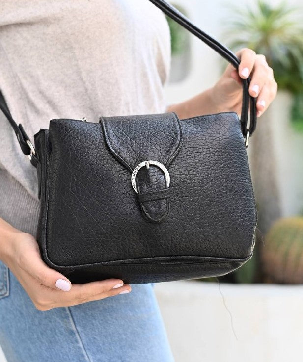 Leather Hand Bag With Cross Hand – Black