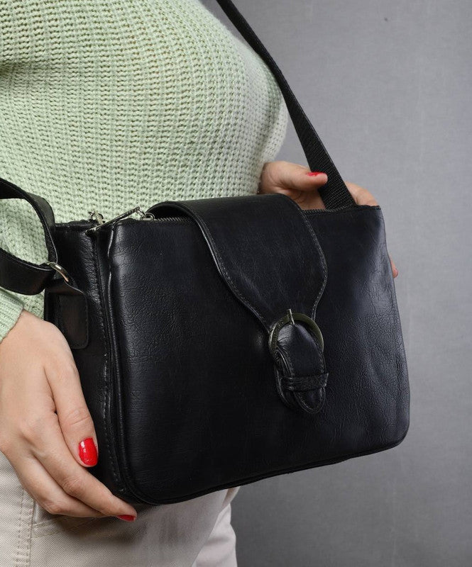 Leather Hand Bag With Cross Hand – Black