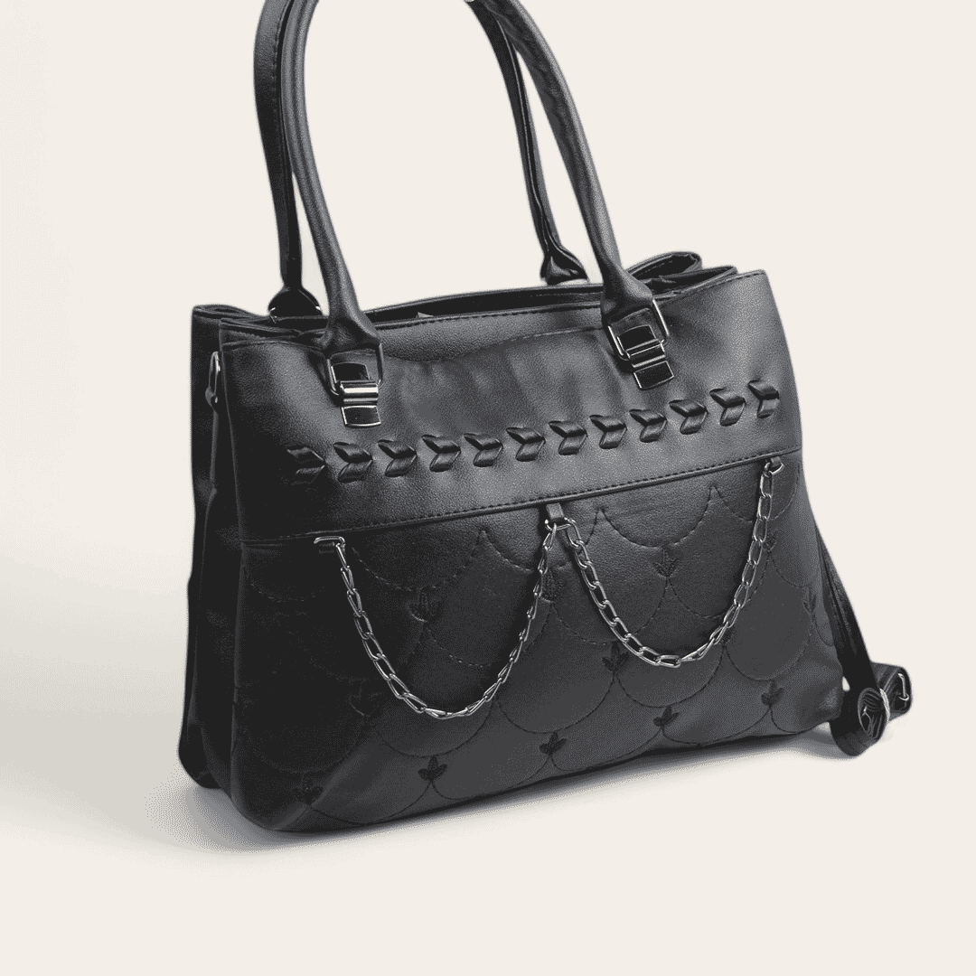 Leather Quilted Hand Bag with Cross Hand – Black