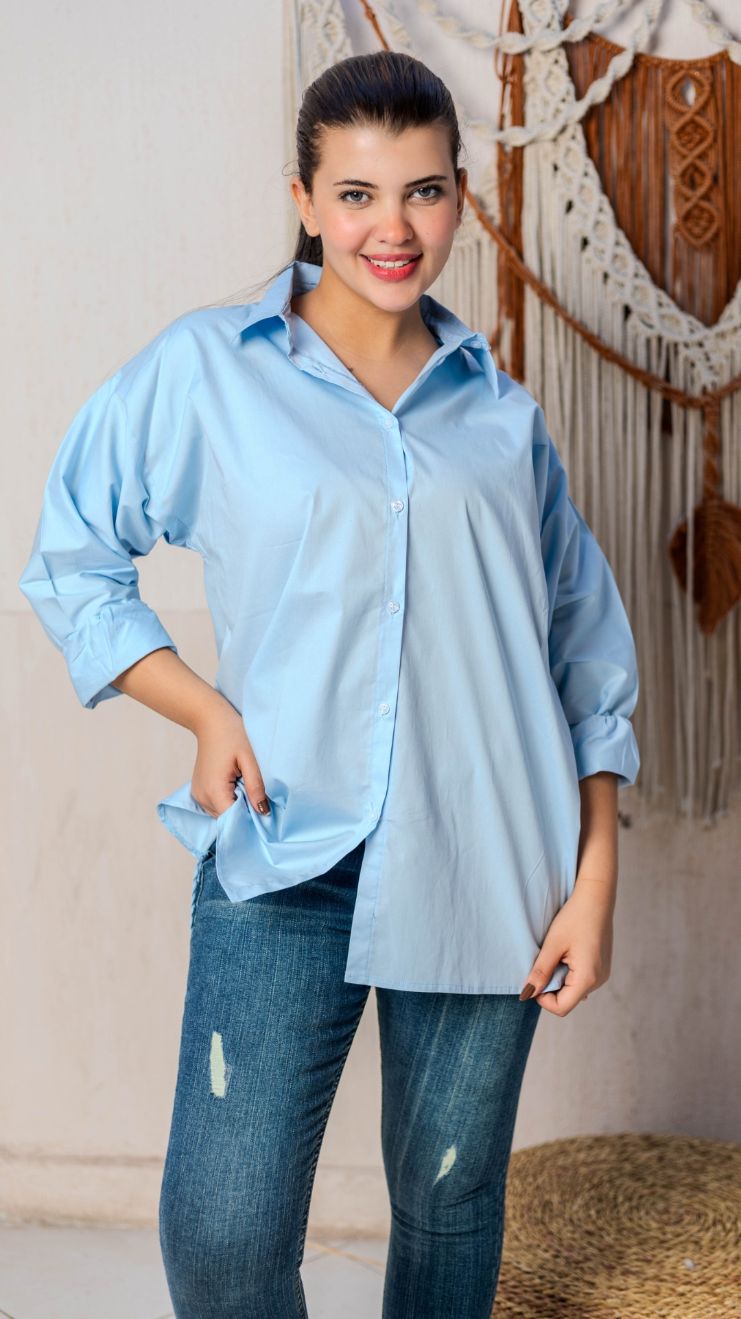 Cotton Long Puff Sleeve Shirt - Baby Blue