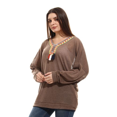 Knitted Arabian Style Aplique Top - Brown