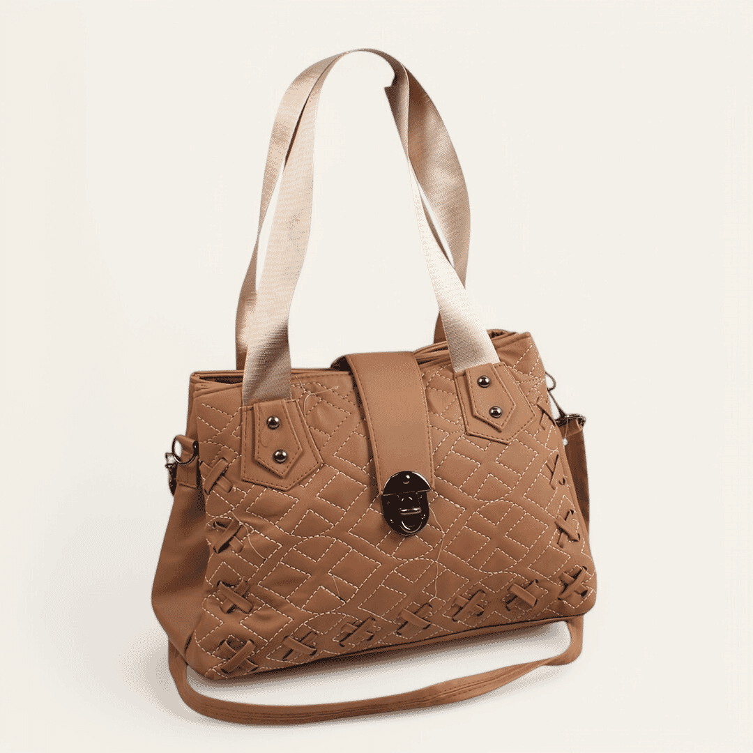 Faux Leather Quilted Cross-Hand Handbag – Café