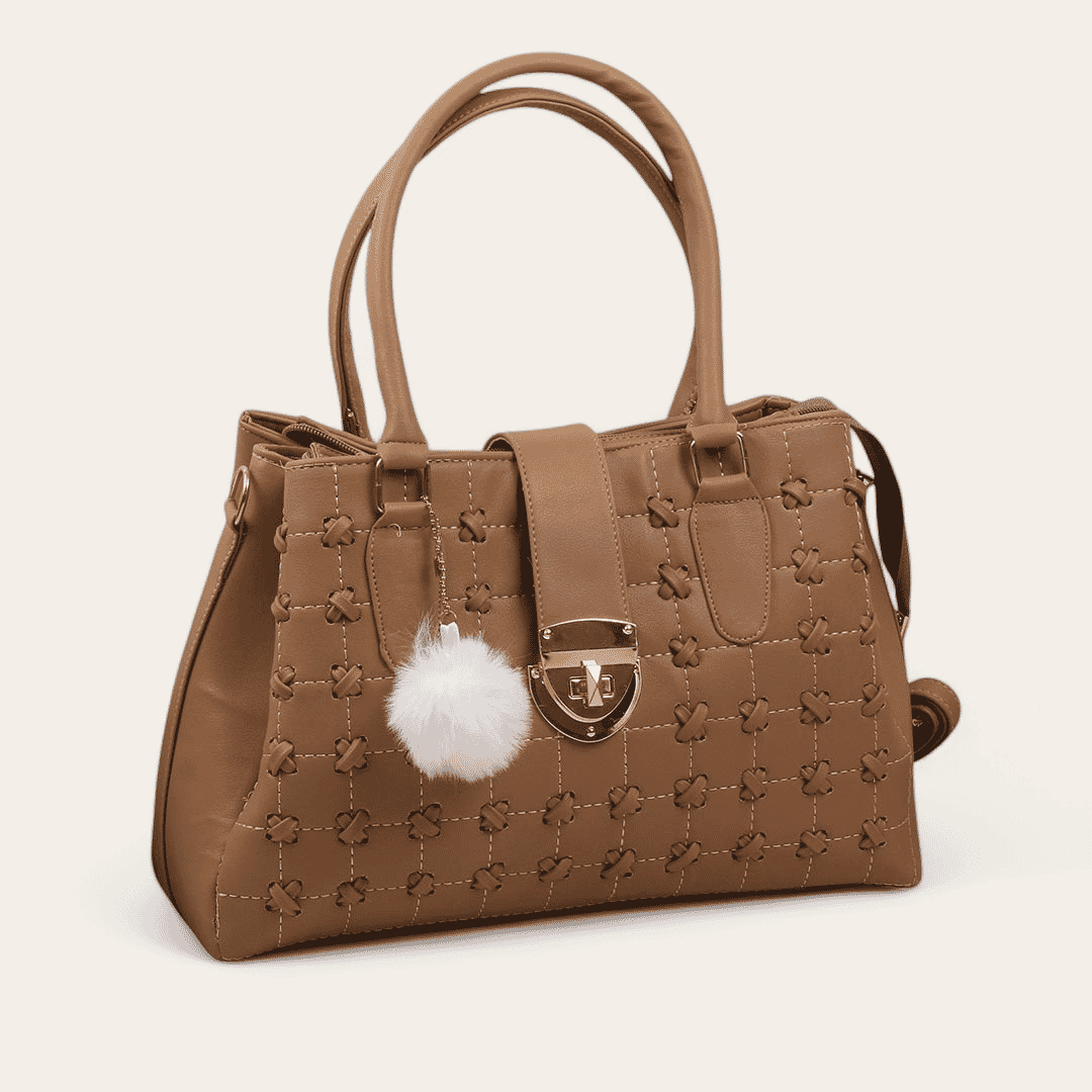 Faux Leather Embroidered Cross-Hand Handbag – Café