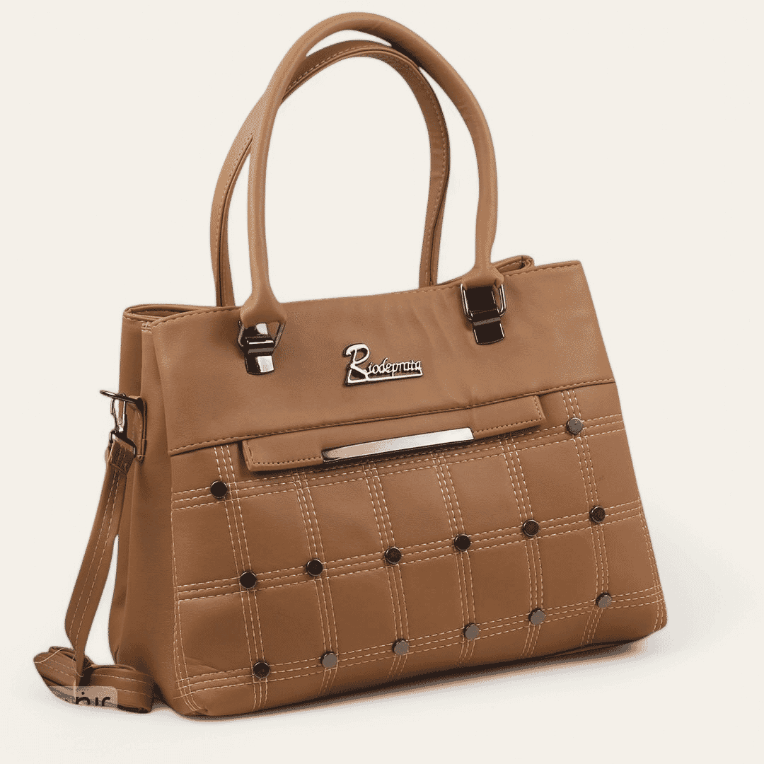 Faux Leather Grid-Stud Cross-Hand Handbag – Café
