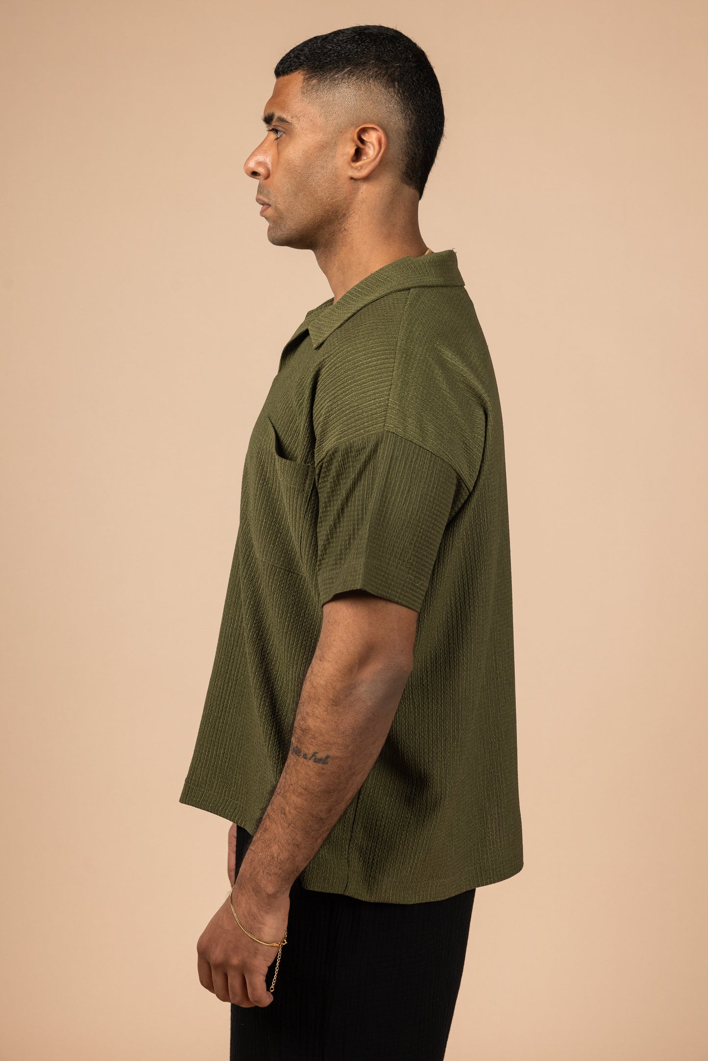 Cotton Moon Crushed Boxy Fit Polo Shirt - Olive Green