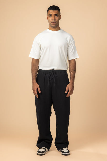 Wide Leg Cotton Pants - Black