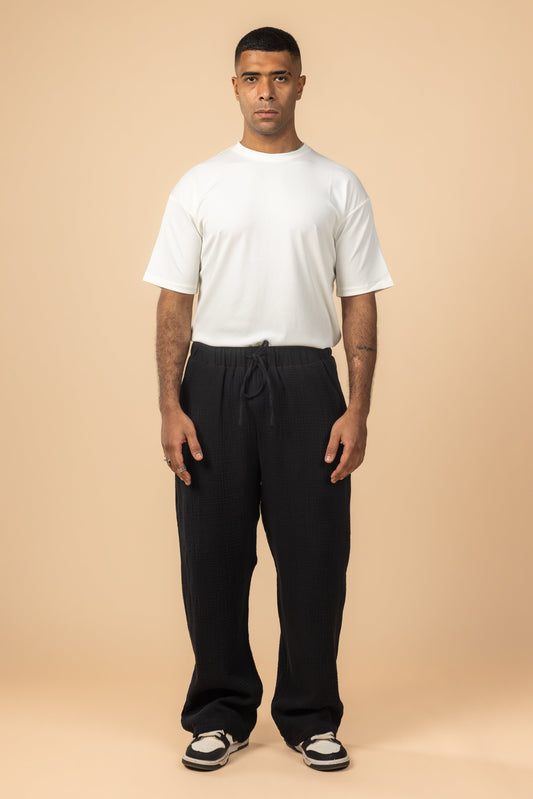Wide Leg Cotton Pants - Black