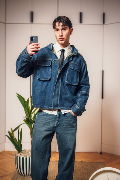 Unisex Hooded Denim Jacket - Dark Blue