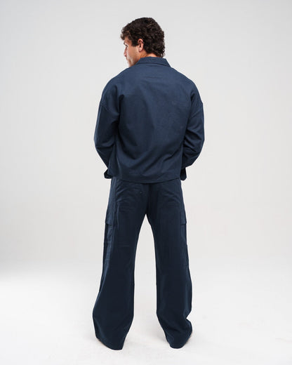 Linen Wide-Leg Cargo Trousers - Dark Navy
