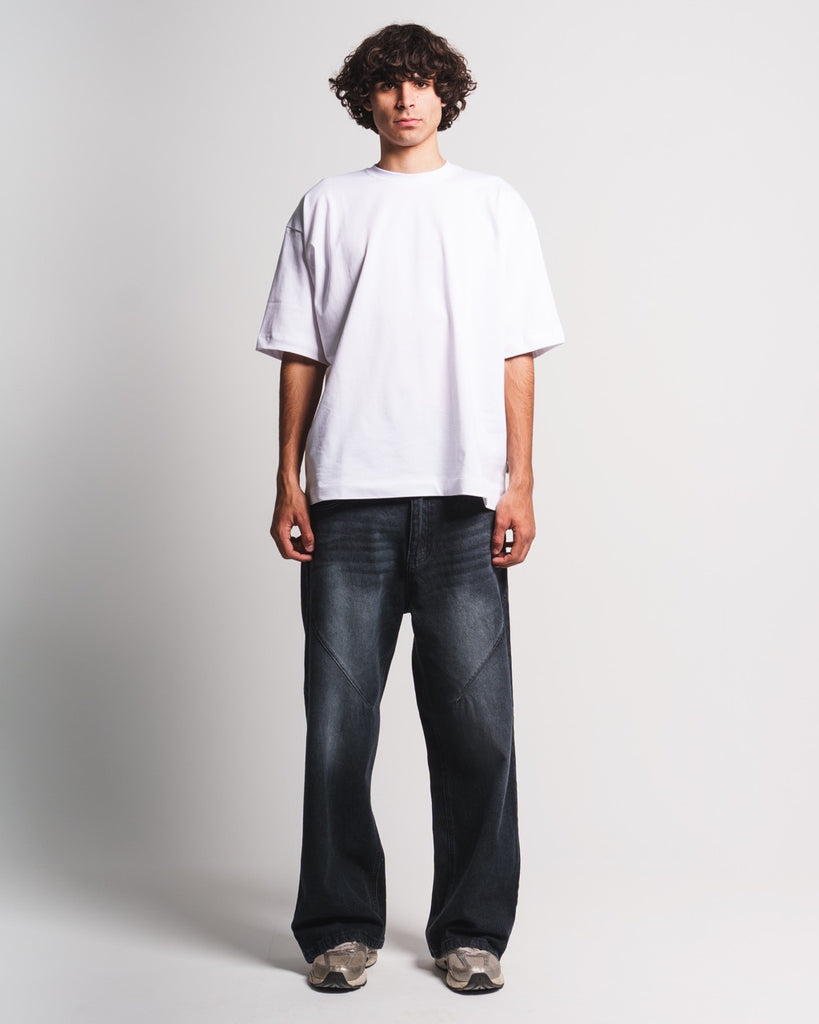 Cotton Rigid Denim Wide-Leg Jeans – Washed Black