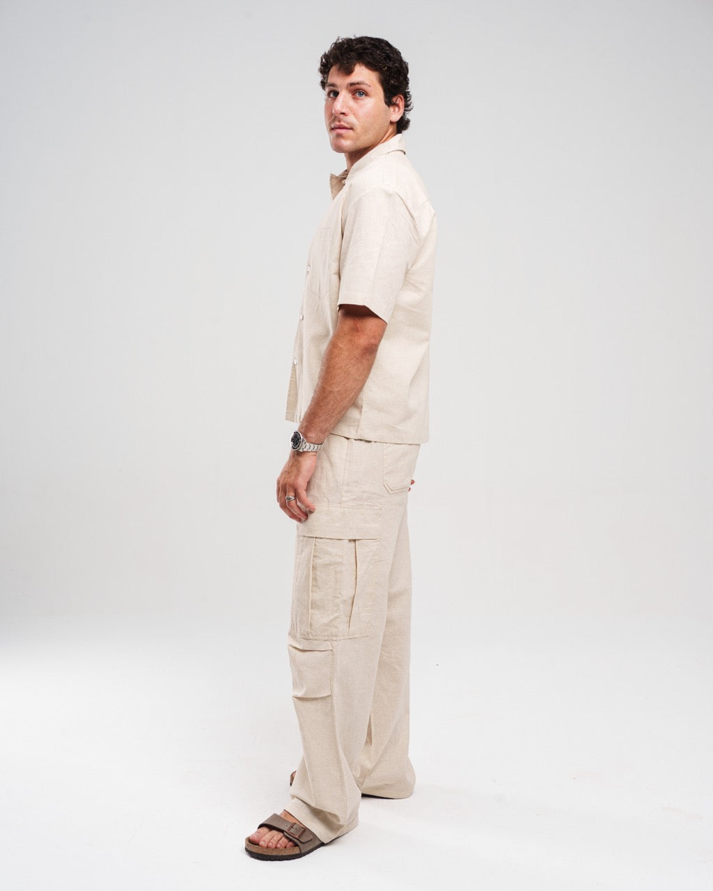 Linen Short-Sleeve Button-Up - Beige