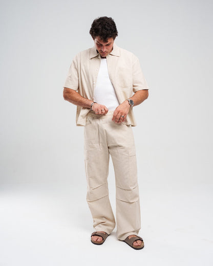 Linen Wide-Leg Cargo Trousers - Beige