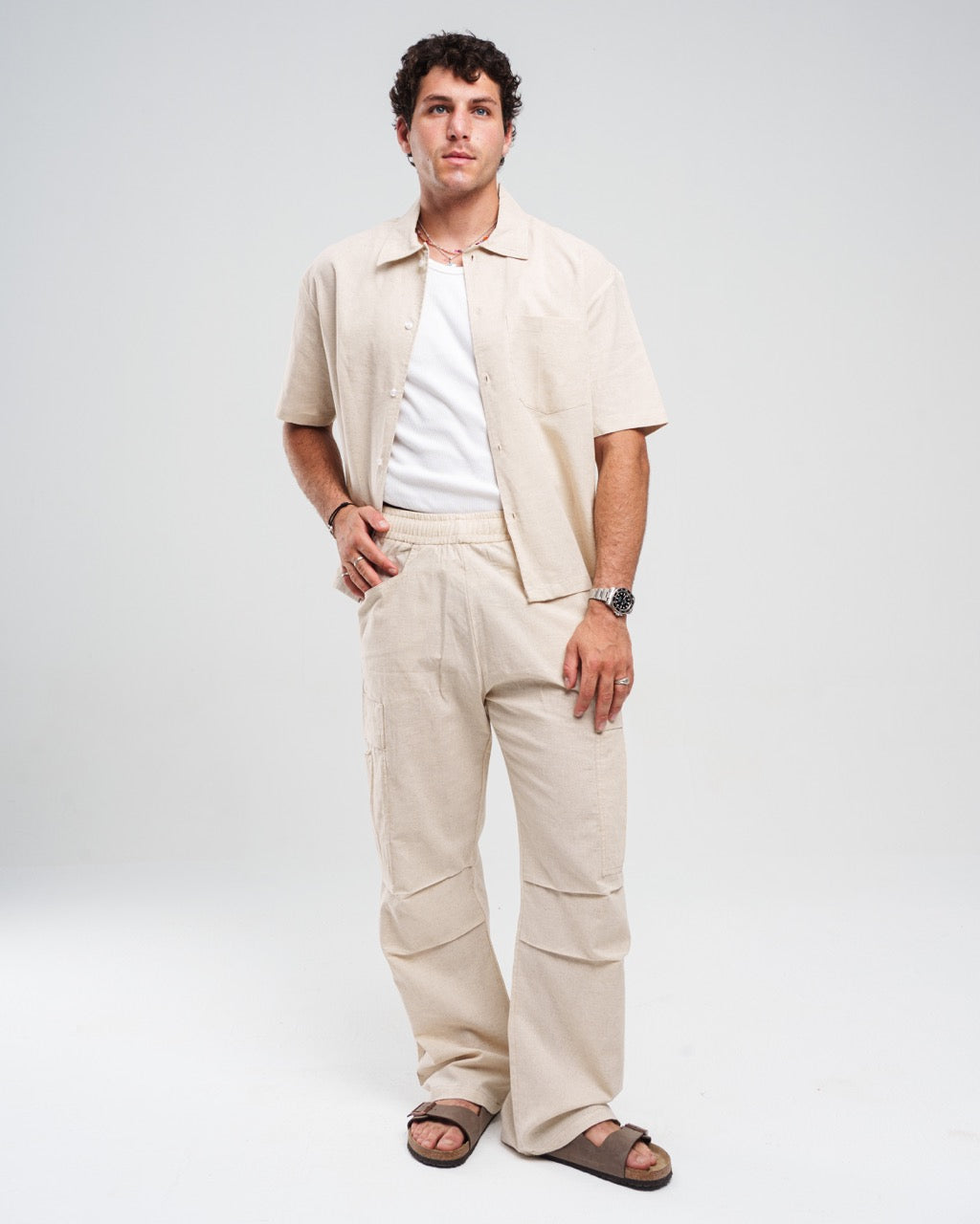 Linen Wide-Leg Cargo Trousers - Beige