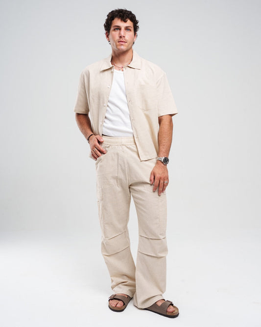 Linen Wide-Leg Cargo Trousers - Beige