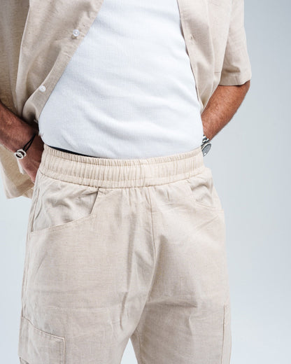 Linen Wide-Leg Cargo Trousers - Beige