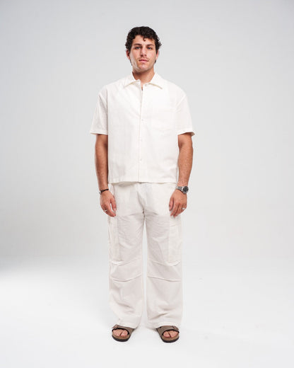 Linen Solid Short-Sleeve & Wide-Leg Pants Set – Off White